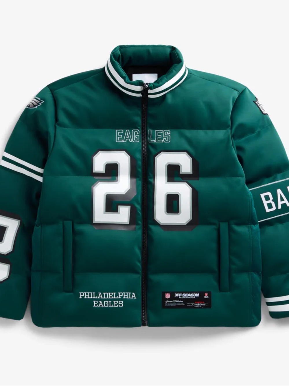 Philadelphia Eagles Green Puffer Jacket with Number 26 Saquon Barkley - Picture 8 of 12
